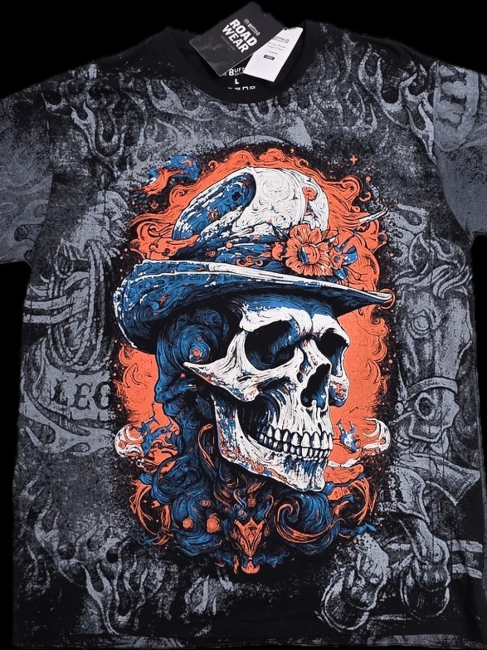 🎃🎃Men’s Buffalo Black Graphic Skull Tee with Orange & Blue Accents 🎃🎃